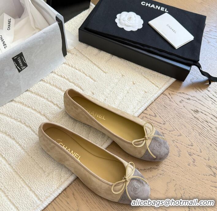 Grade Quality Chanel CC 25C Ballet Flat With Bow Two-tone Suede CH1023 Beige/Grey
