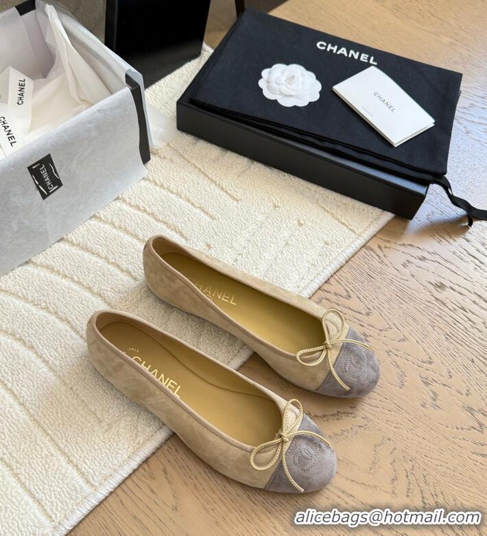 Grade Quality Chanel CC 25C Ballet Flat With Bow Two-tone Suede CH1023 Beige/Grey