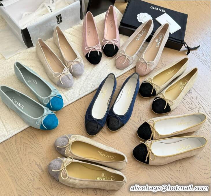 Grade Quality Chanel CC 25C Ballet Flat With Bow Two-tone Suede CH1023 Beige/Grey