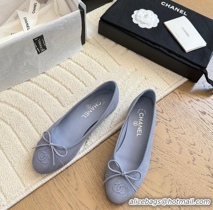 Pretty Style Chanel CC 25C Ballet Flat With Bow Suede/Calfskin CH1023 Blue