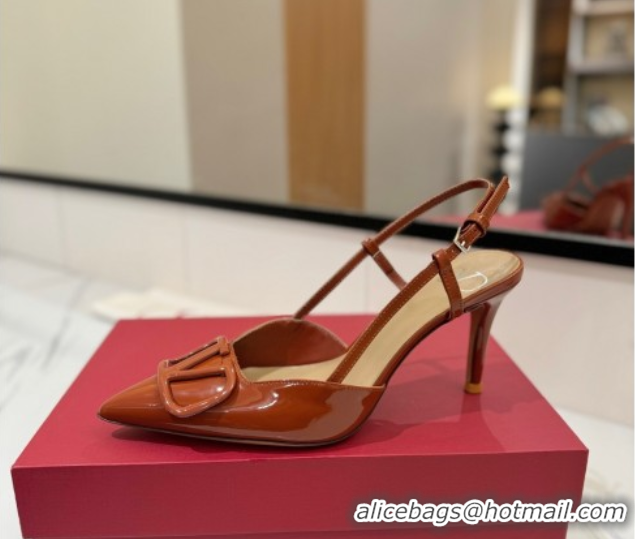 Buy Luxury Valentino VLogo Signature Slingback Pumps 8cm in Patent Calfskin Brown VA082111