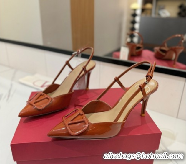 Buy Luxury Valentino VLogo Signature Slingback Pumps 8cm in Patent Calfskin Brown VA082111