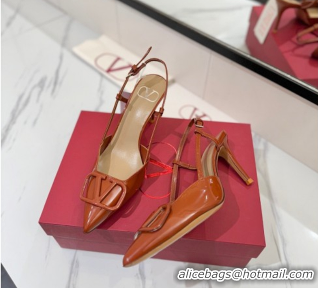 Buy Luxury Valentino VLogo Signature Slingback Pumps 8cm in Patent Calfskin Brown VA082111