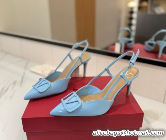 Perfect Valentino VLogo Signature Slingback Pumps 8cm in Patent Calfskin Light Blue 2025 VA082111