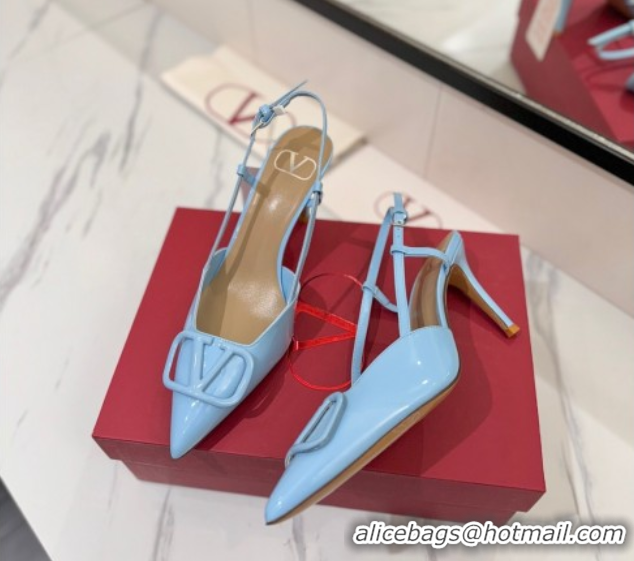Perfect Valentino VLogo Signature Slingback Pumps 8cm in Patent Calfskin Light Blue 2025 VA082111