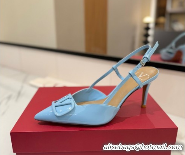 Perfect Valentino VLogo Signature Slingback Pumps 8cm in Patent Calfskin Light Blue 2025 VA082111