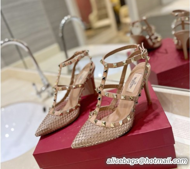 Luxury Valentino Rockstud Pumps 10cm in Quilted Mesh and Strass Pale Pink 2025 VA082112