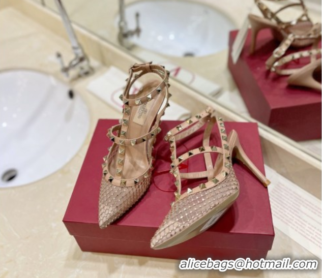 Luxury Valentino Rockstud Pumps 10cm in Quilted Mesh and Strass Pale Pink 2025 VA082112