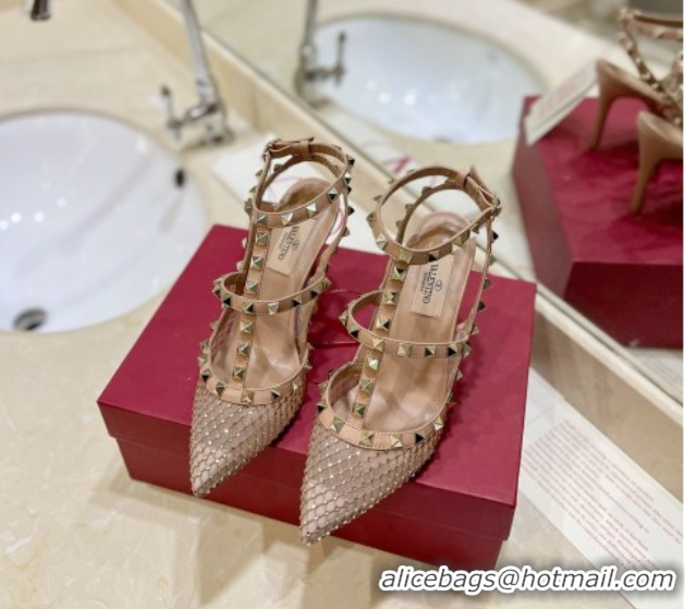 Luxury Valentino Rockstud Pumps 10cm in Quilted Mesh and Strass Pale Pink 2025 VA082112