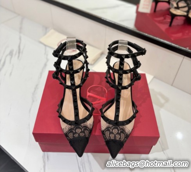 Top Grade Valentino Rockstud Pumps 6.5cm in Mesh and Lace with Triple Strap Black 0821108