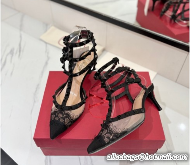 Top Grade Valentino Rockstud Pumps 6.5cm in Mesh and Lace with Triple Strap Black 0821108
