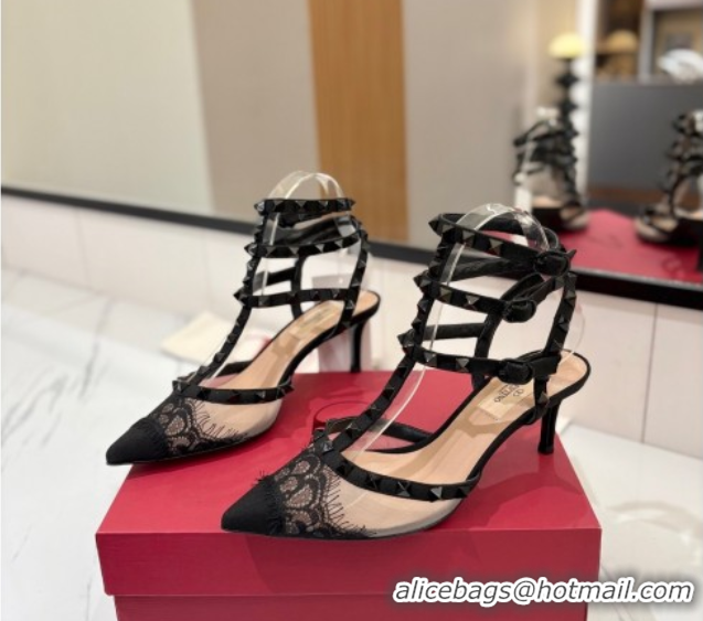 Top Grade Valentino Rockstud Pumps 6.5cm in Mesh and Lace with Triple Strap Black 0821108