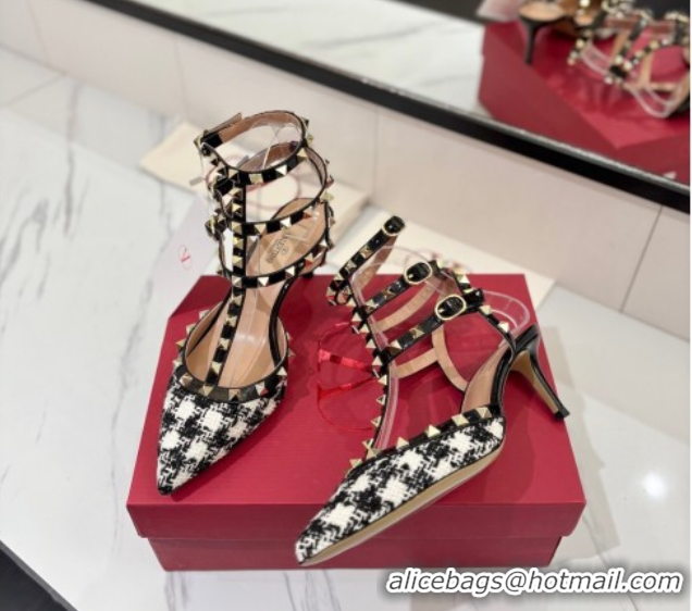 Luxurious Valentino Rockstud Pumps 6.5cm in Tweed with Triple Strap Black/White 0821109
