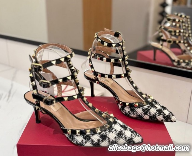Luxurious Valentino Rockstud Pumps 6.5cm in Tweed with Triple Strap Black/White 0821109