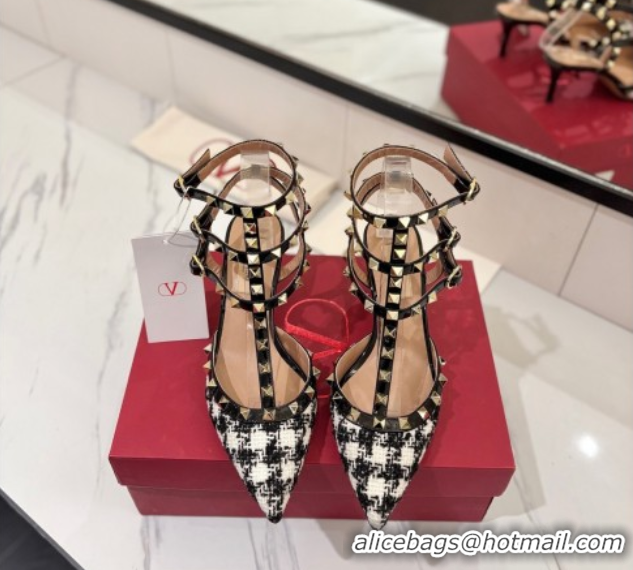 Luxurious Valentino Rockstud Pumps 6.5cm in Tweed with Triple Strap Black/White 0821109