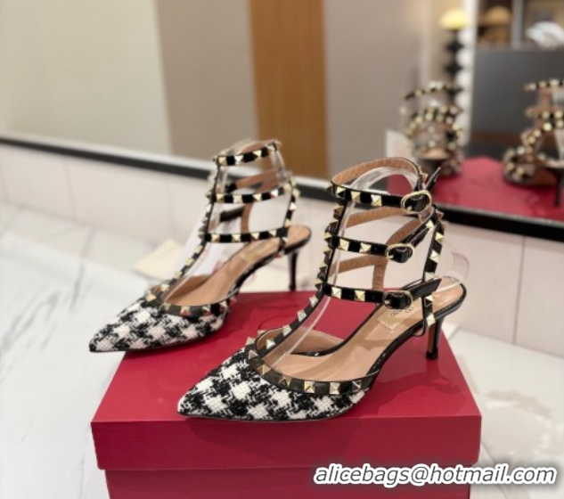 Luxurious Valentino Rockstud Pumps 6.5cm in Tweed with Triple Strap Black/White 0821109