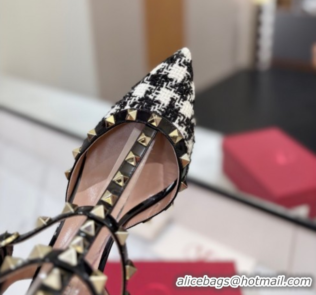 Luxurious Valentino Rockstud Pumps 6.5cm in Tweed with Triple Strap Black/White 0821109