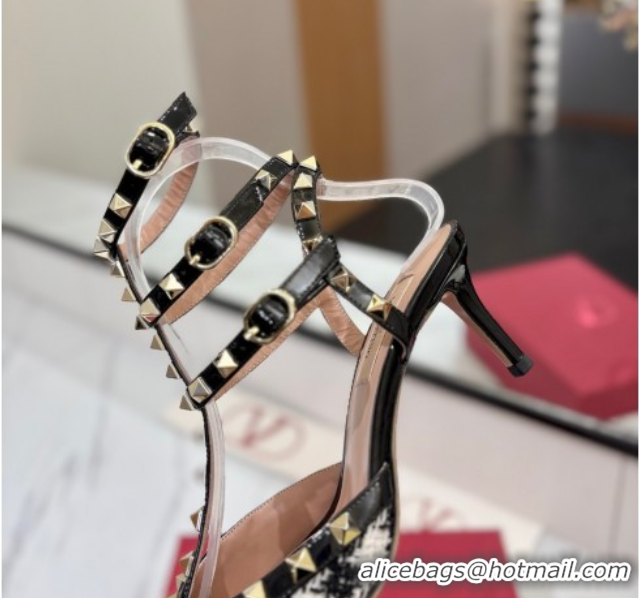 Luxurious Valentino Rockstud Pumps 6.5cm in Tweed with Triple Strap Black/White 0821109