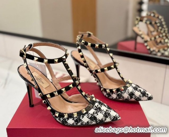 Best Product Valentino Rockstud Pumps 10cm in Tweed with Double Strap Black/White 0821110