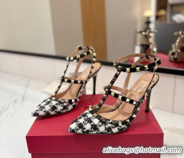 Best Product Valentino Rockstud Pumps 10cm in Tweed with Double Strap Black/White 0821110