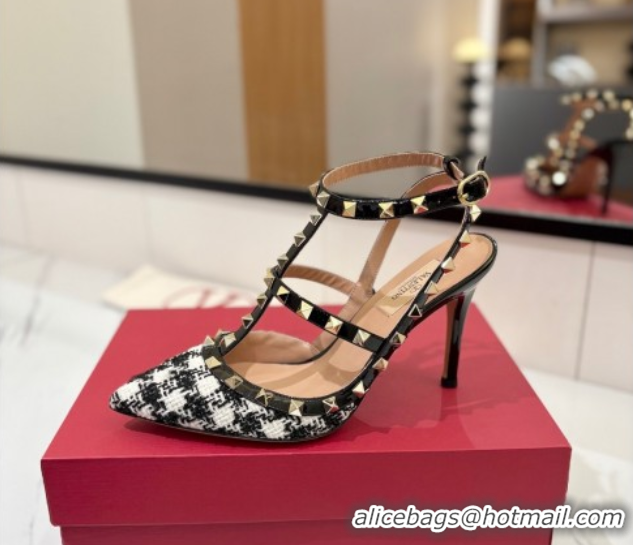 Best Product Valentino Rockstud Pumps 10cm in Tweed with Double Strap Black/White 0821110