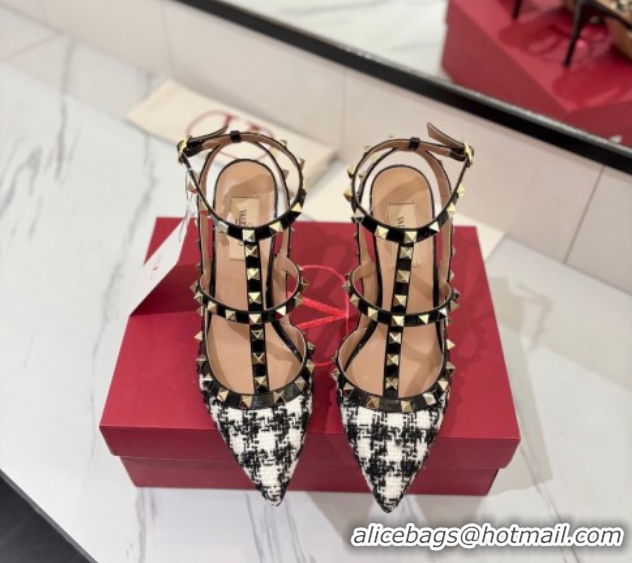 Best Product Valentino Rockstud Pumps 10cm in Tweed with Double Strap Black/White 0821110