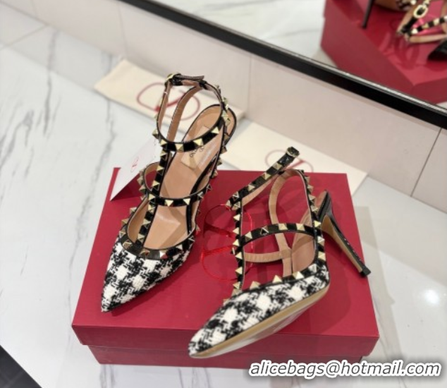 Best Product Valentino Rockstud Pumps 10cm in Tweed with Double Strap Black/White 0821110