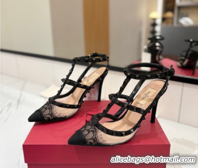 Good Looking Valentino Rockstud Pumps 10cm in Mesh and Lace with Double Strap Black 0821111