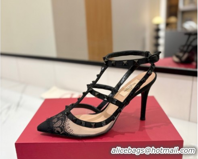 Good Looking Valentino Rockstud Pumps 10cm in Mesh and Lace with Double Strap Black 0821111