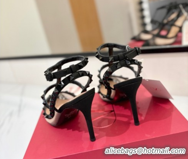 Good Looking Valentino Rockstud Pumps 10cm in Mesh and Lace with Double Strap Black 0821111