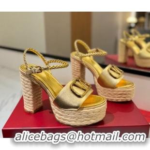 Buy Luxury Valentino VLogo Grainy Calfskin Platform Sandals 11.5cm Gold-Tone VA082112