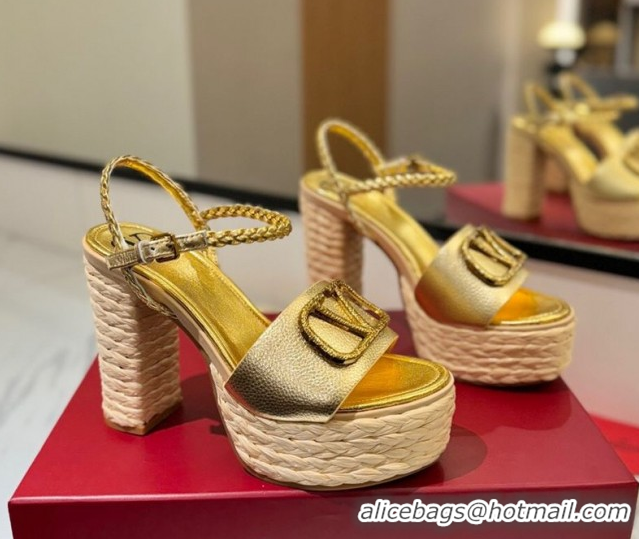Buy Luxury Valentino VLogo Grainy Calfskin Platform Sandals 11.5cm Gold-Tone VA082112