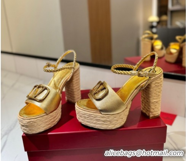 Buy Luxury Valentino VLogo Grainy Calfskin Platform Sandals 11.5cm Gold-Tone VA082112