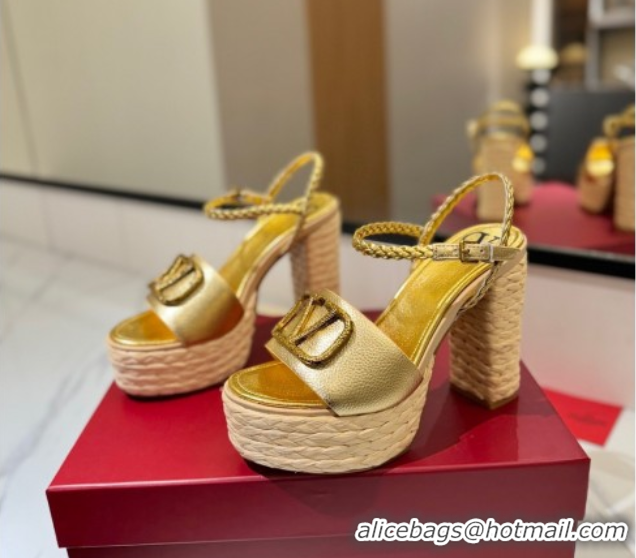 Buy Luxury Valentino VLogo Grainy Calfskin Platform Sandals 11.5cm Gold-Tone VA082112