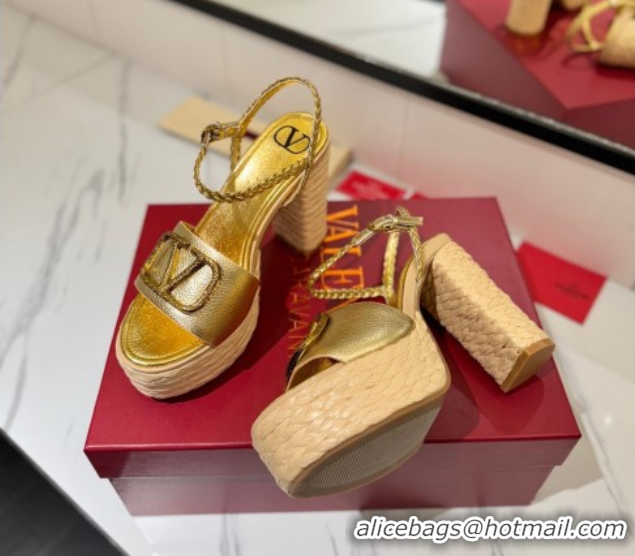 Buy Luxury Valentino VLogo Grainy Calfskin Platform Sandals 11.5cm Gold-Tone VA082112