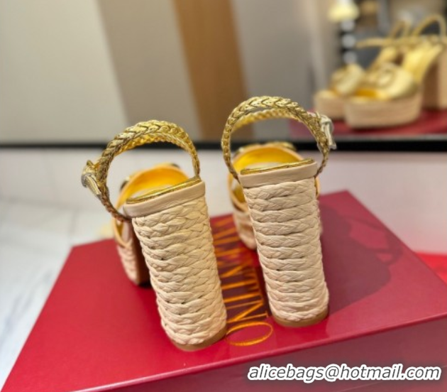 Buy Luxury Valentino VLogo Grainy Calfskin Platform Sandals 11.5cm Gold-Tone VA082112