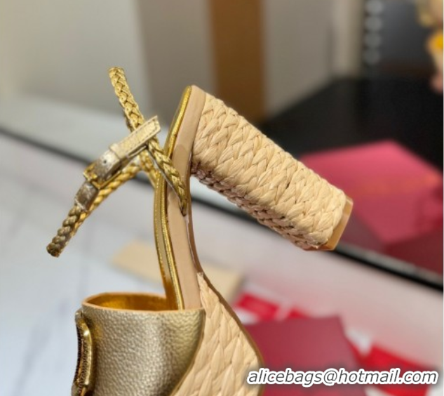 Buy Luxury Valentino VLogo Grainy Calfskin Platform Sandals 11.5cm Gold-Tone VA082112