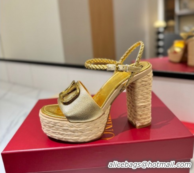 Buy Luxury Valentino VLogo Grainy Calfskin Platform Sandals 11.5cm Gold-Tone VA082112
