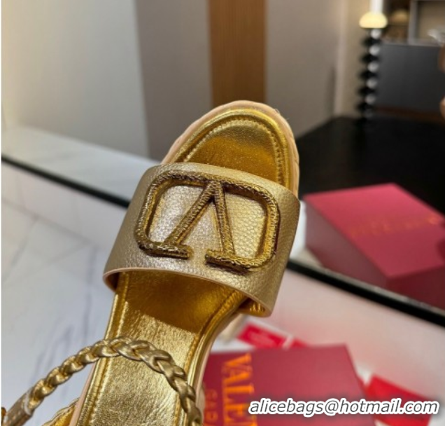 Buy Luxury Valentino VLogo Grainy Calfskin Platform Sandals 11.5cm Gold-Tone VA082112