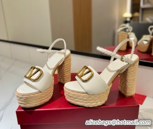 Buy Discount Valentino VLogo Grainy Calfskin Platform Sandals 11.5cm White/Gold 2025 VA082112