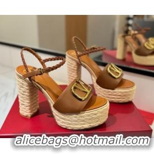 Grade Quality Valentino VLogo Grainy Calfskin Platform Sandals 11.5cm Brown/Gold VA082112