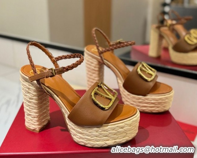 Grade Quality Valentino VLogo Grainy Calfskin Platform Sandals 11.5cm Brown/Gold VA082112