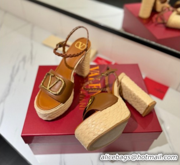 Grade Quality Valentino VLogo Grainy Calfskin Platform Sandals 11.5cm Brown/Gold VA082112