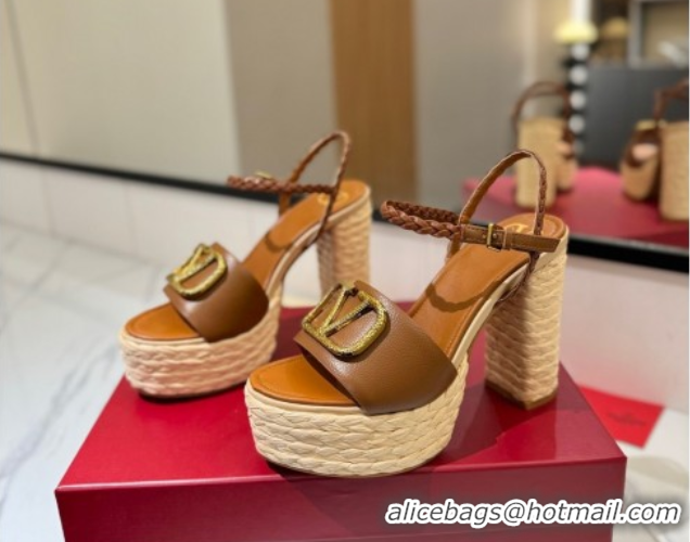 Grade Quality Valentino VLogo Grainy Calfskin Platform Sandals 11.5cm Brown/Gold VA082112