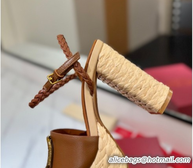 Grade Quality Valentino VLogo Grainy Calfskin Platform Sandals 11.5cm Brown/Gold VA082112
