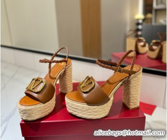 Grade Quality Valentino VLogo Grainy Calfskin Platform Sandals 11.5cm Brown/Gold VA082112