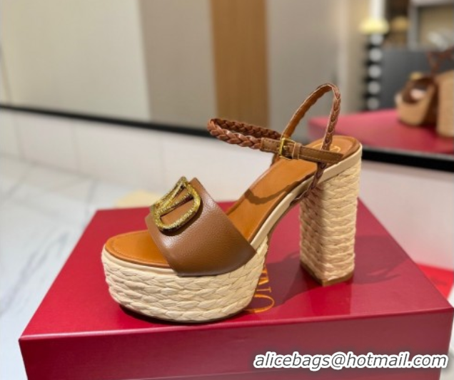 Grade Quality Valentino VLogo Grainy Calfskin Platform Sandals 11.5cm Brown/Gold VA082112