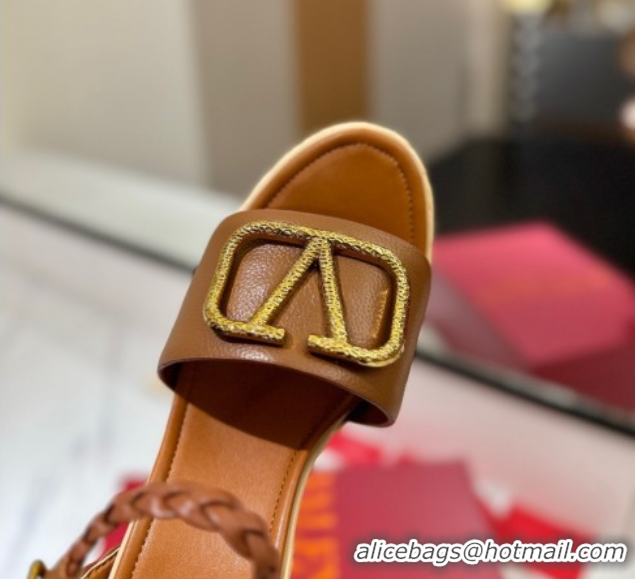 Grade Quality Valentino VLogo Grainy Calfskin Platform Sandals 11.5cm Brown/Gold VA082112