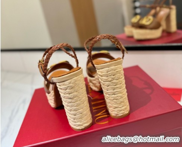 Grade Quality Valentino VLogo Grainy Calfskin Platform Sandals 11.5cm Brown/Gold VA082112