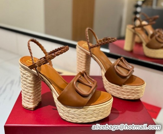 Purchase Valentino VLogo Calfskin Leather Platform Sandals 11.5cm Brown 2025 VA082112